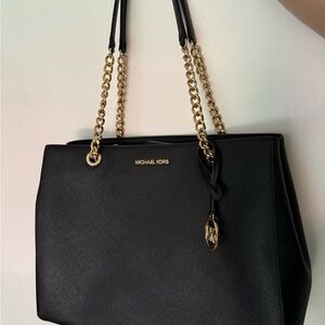 MICHAEL Michael Kors Black Leather Shoulder Tote with Gold Chain Detail